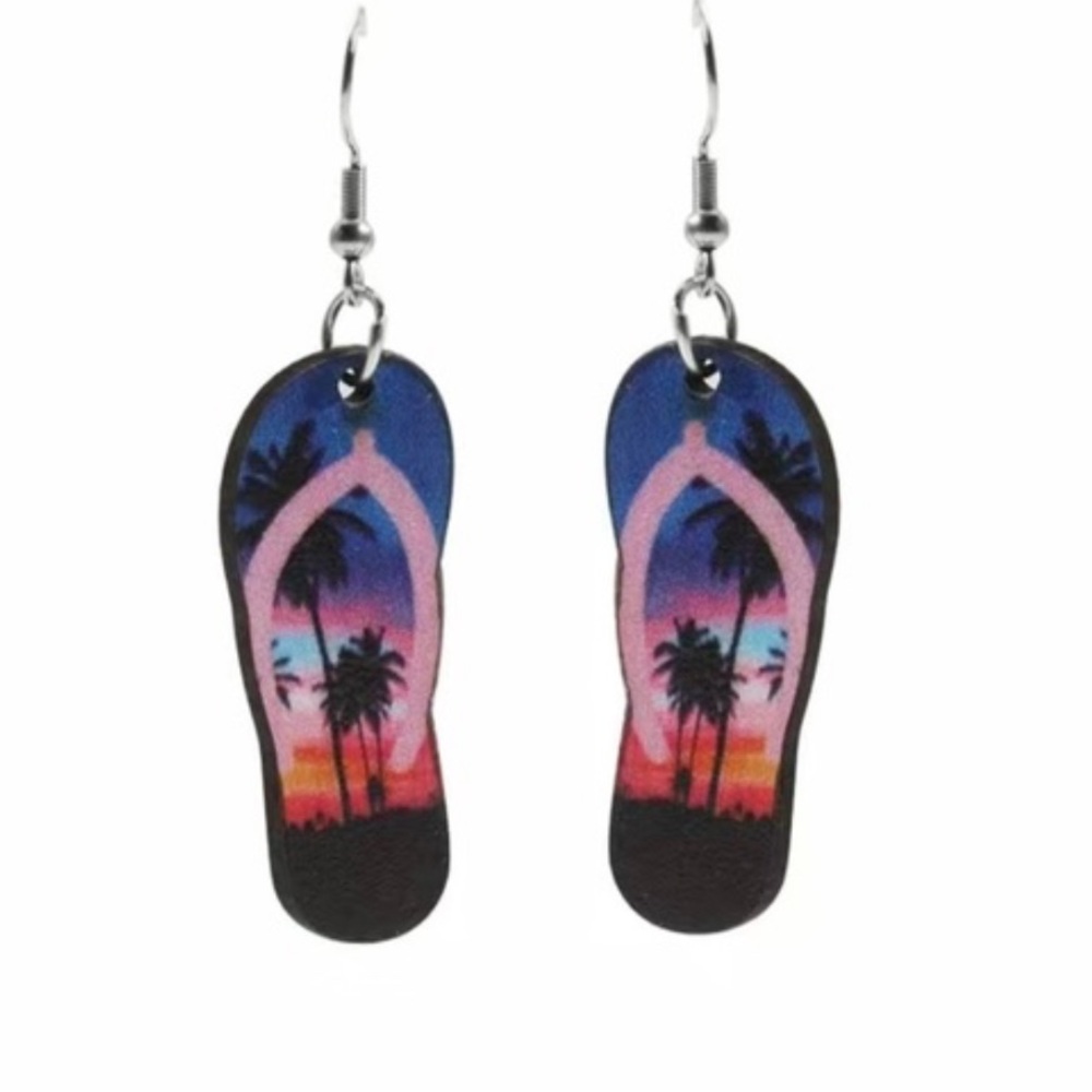 Earrings Sunset Palm Tree Flip Flop Dangle Pierced-Double Sided Pattern Wood